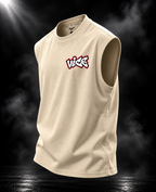 DUST OF GODS Vice oversized off white tank top showing the chest graphic and sleeveless cut
