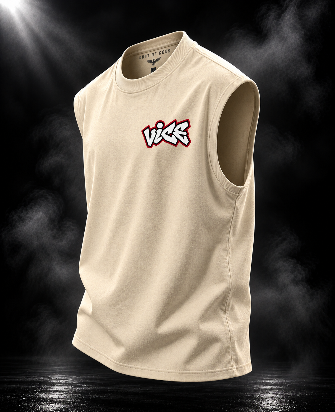 DUST OF GODS Vice oversized off white tank top showing the chest graphic and sleeveless cut