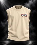DUST OF GODS Vice oversized tank top in off white with white and red chest graphic, front view