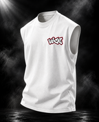 DUST OF GODS Vice oversized white tank top showing the chest graphic and relaxed sleeveless silhouette