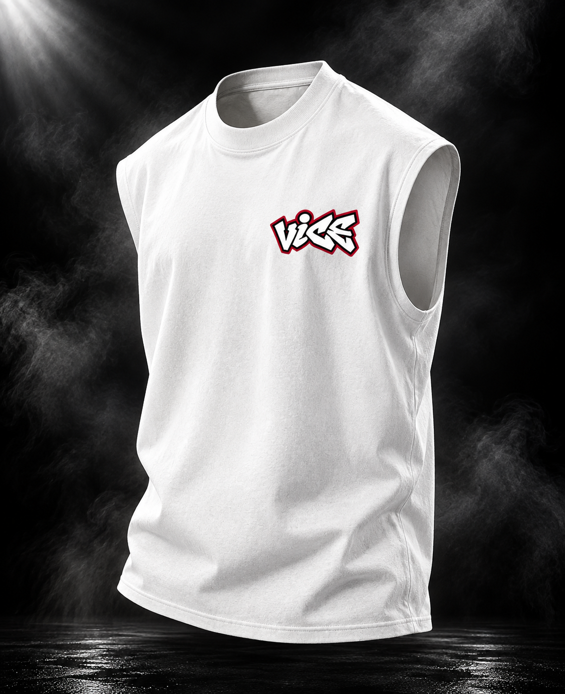 DUST OF GODS Vice oversized white tank top showing the chest graphic and relaxed sleeveless silhouette