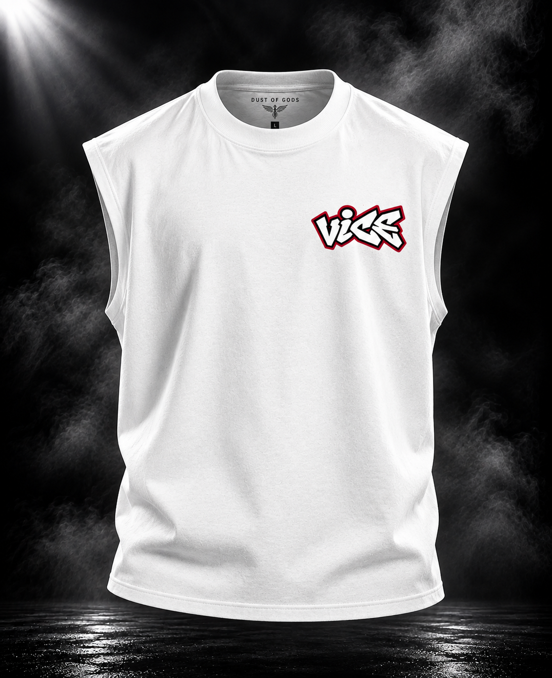 DUST OF GODS Vice oversized tank top in white with white and red chest graphic, front view