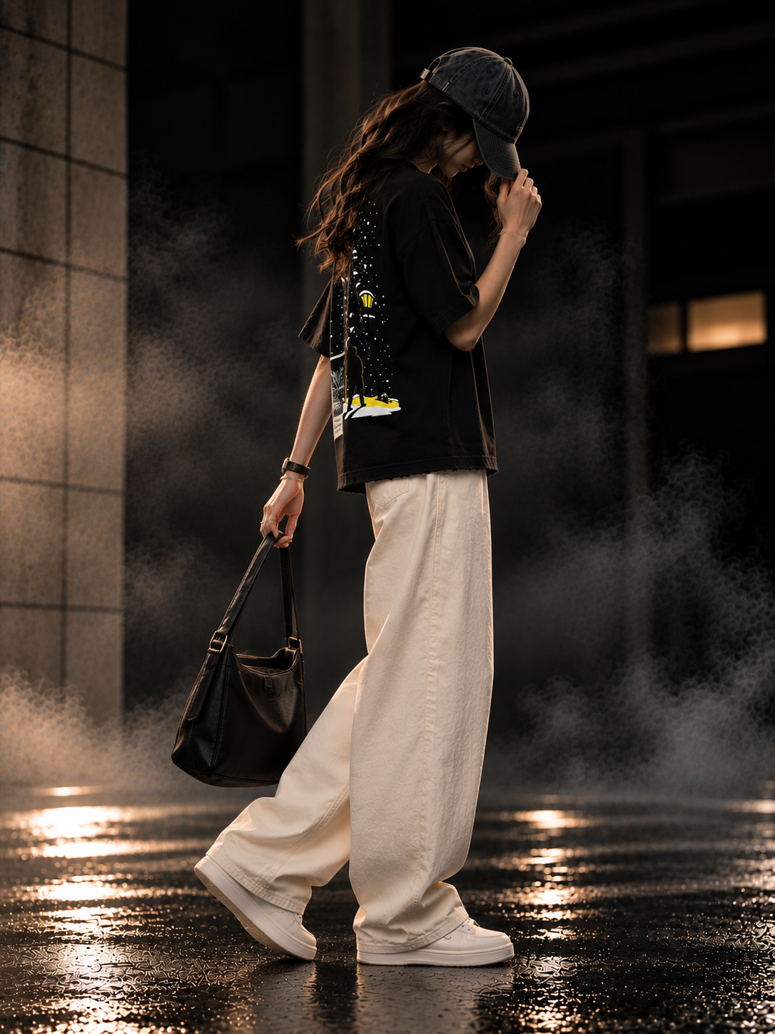 Winter Walk black boxy fit oversized unisex t-shirt lifestyle back view