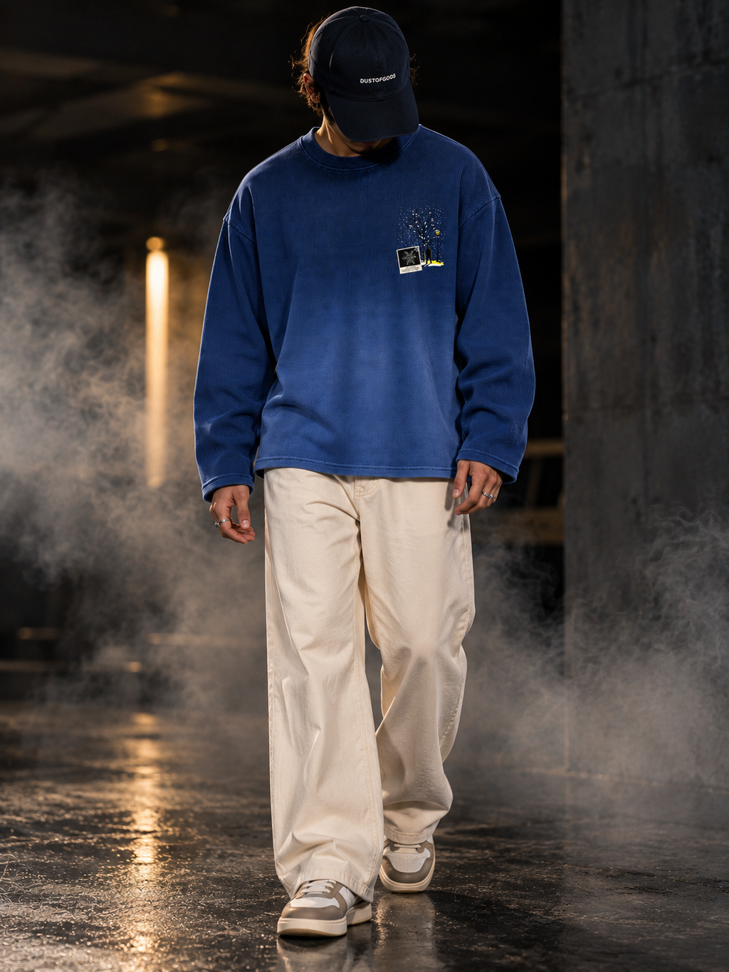 DUSTOFGODS Winter Walk blue oversized long sleeve unisex T-shirt front detail graphic